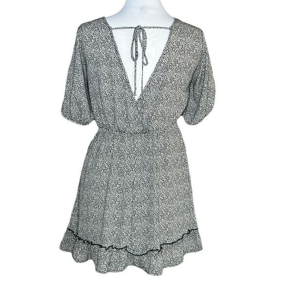 SIENNA Sky Puff Sleeve Deep V-back Printed Poly Chiffon Ruffle Hem Mini Dress - Picture 2 of 7